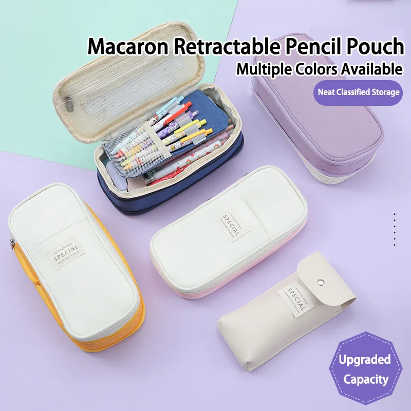 Macaron Color Block Canvas Pencil Pouch Expandable Large Capacity Multi-Compartment Minimalist Stationery Case