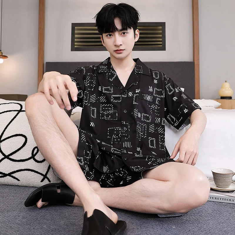 

Men Summer Pajama Set Sleepwear For Student Loose Short Sleeve Button-Down Soft Male Pijamas Two Piece Boy Clothes Suits Homebre