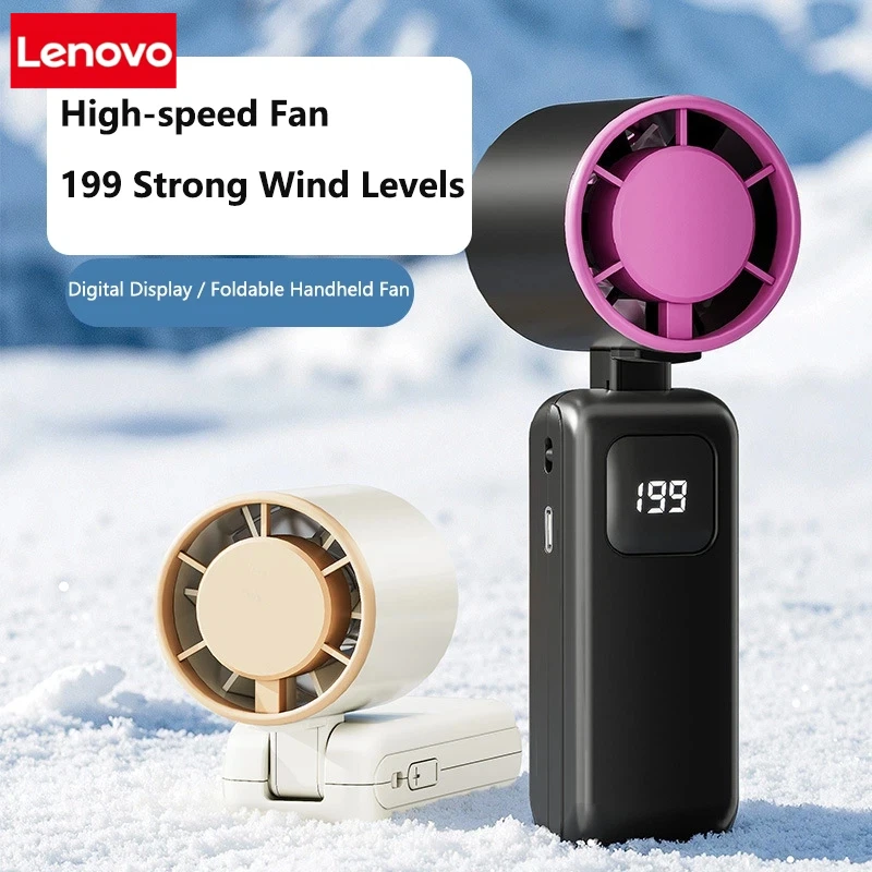 Lenovo Handheld Turbo Fan Foldable Design 1-199-Speed Wind 4000mAh Rechargeable Digital Display Protable Pocket Fans for Outdoor