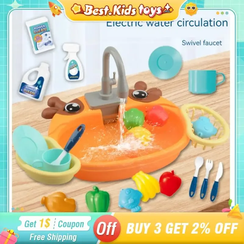 

Kitchen Play Electric Dishwasher Toys Children's Pretend Play Sink Taps Water Circulation Faucet Dishes Set Girl Home Game Gift