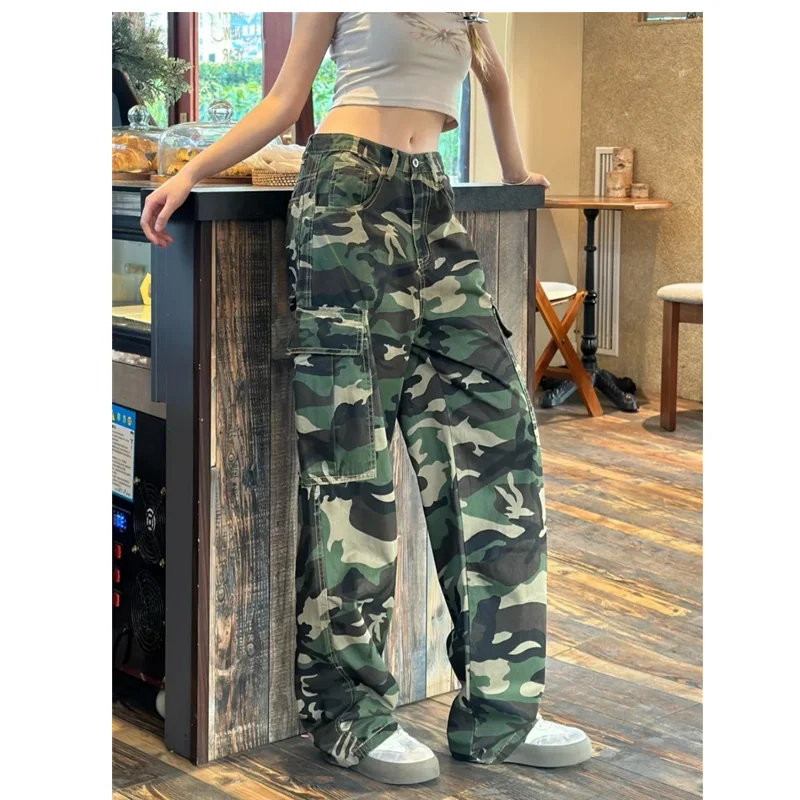 

Camouflage Green Jeans Women Vintage Multiple Pockets High Waisted Jean Straight Streetwear Casual Loose Wide Leg Denim Pants