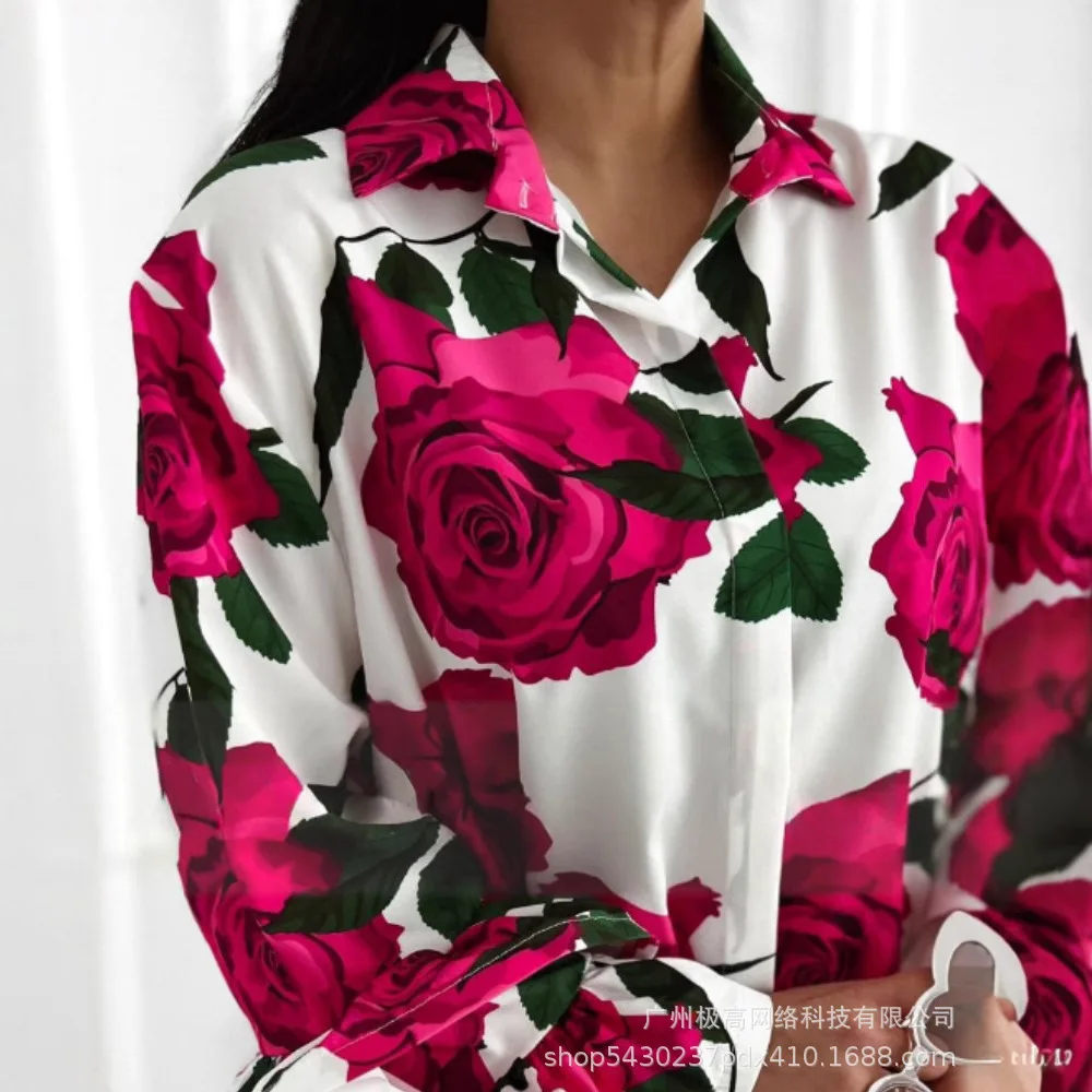 Camicia da donna con colletto rovesciato con stampa floreale, orlo con volant, manica lunga, camicetta casual, camicette stampate a fiori