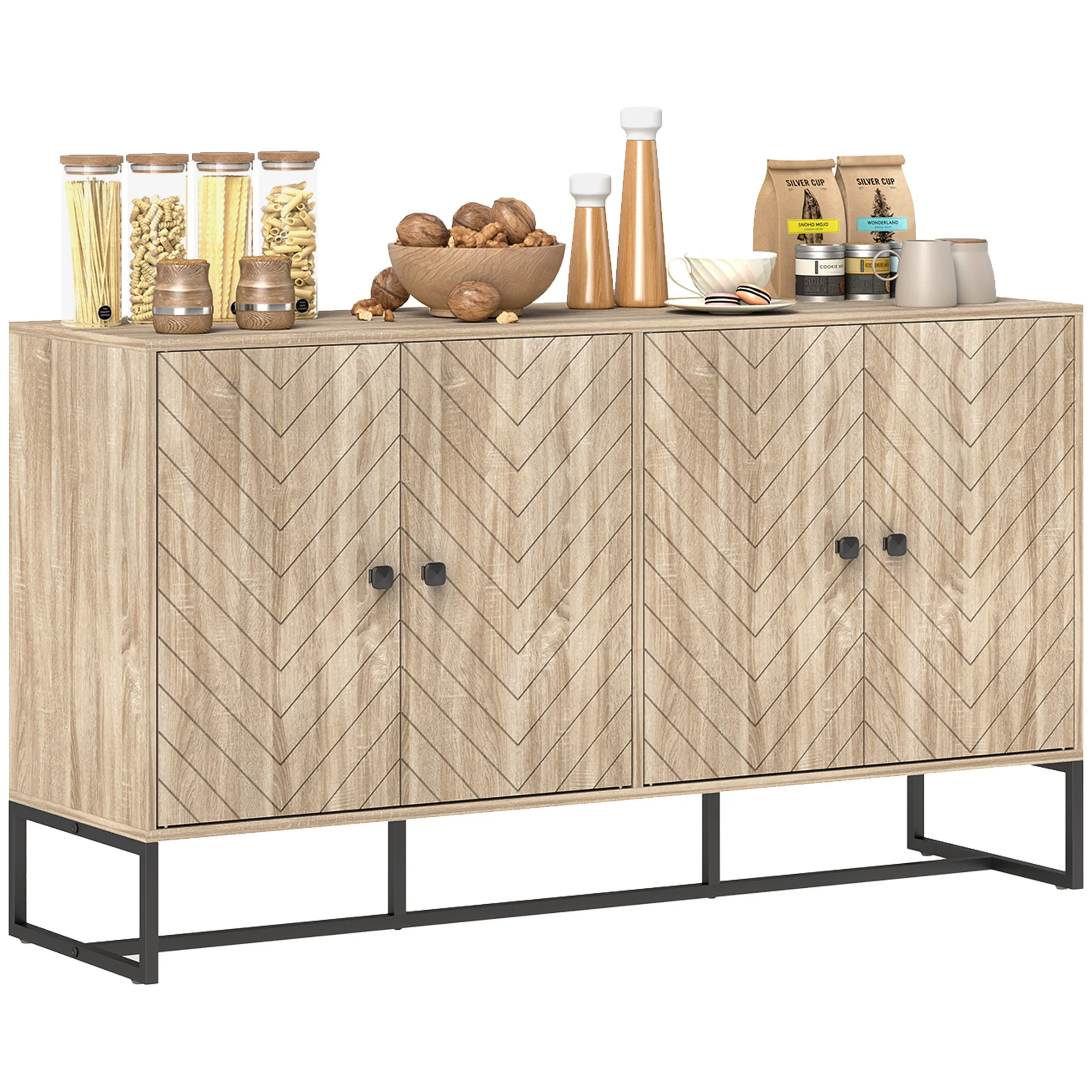 HOMCOM Aparador de 4 Puertas con Diseño Chevron, Aparador de Salón con Estantes Ajustables, Patas de Acero, para Cocina, Entrada