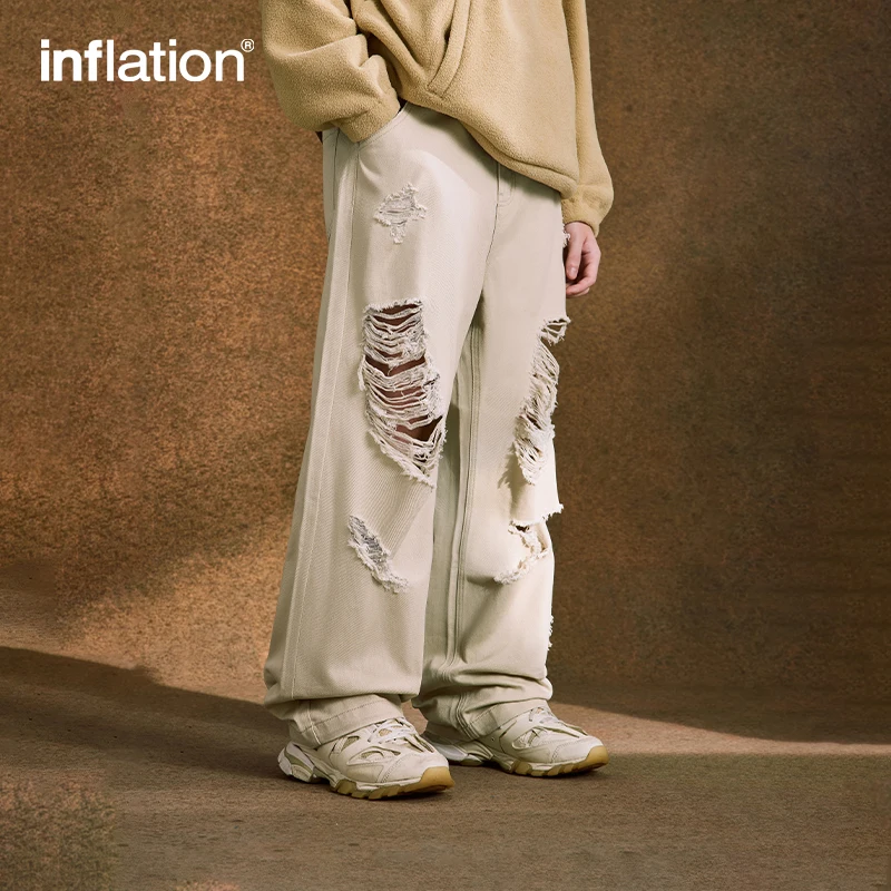 INFLATION Gravel Ripped Jeans Unisex Vintage Streetwear Denim Pants Male Wide Leg Trousers