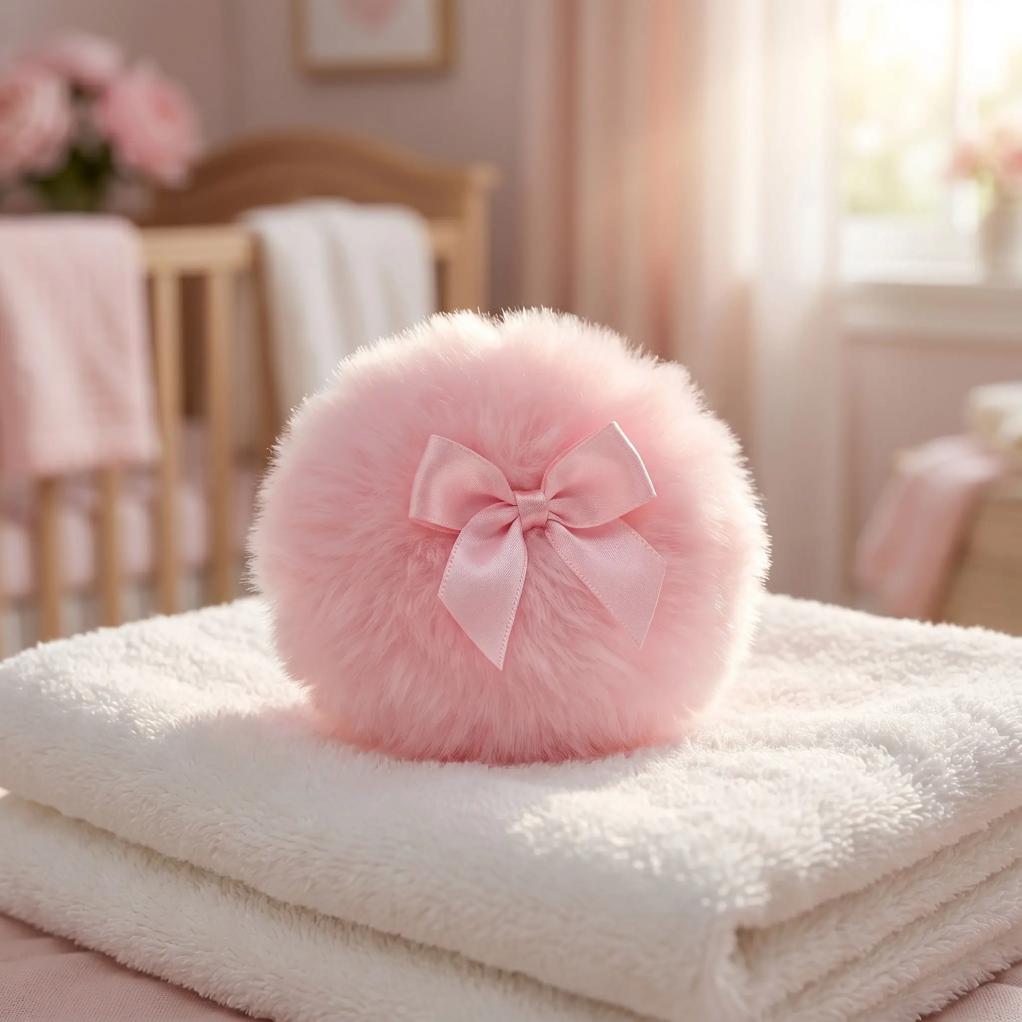 Baby Powder Puff 3 Pack Soft Long Plush Round Applicator for Infants Prickly Heat with Pink Bow