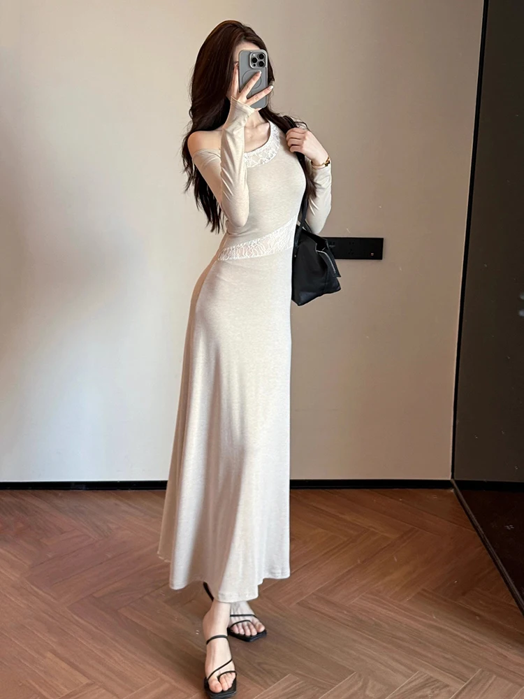 REDDACHiC épaule inclinée robe à manches longues femmes tricot épissure dentelle évider moulante drapé Maxi robe longue Sexy automne vêtements