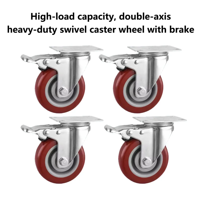 4 Pcs Packing 5 Inch Universal Caster With Brake Medium Jujube Red Double Bearing Pvc Flat Bottom Movable Roller Storage Cage