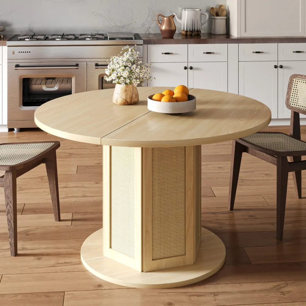 

47" Round Dining Table Kitchen Dinner Desk w/Rattan Base for 4-6 People