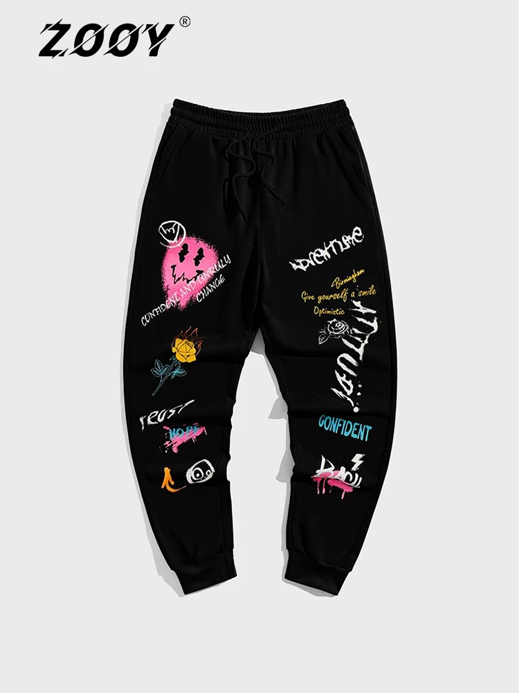 

ZOOY (L-9XL) Men's Plus Size Vintage Fashion Graffiti Fun Black Cartoon Hip Hop Print Trousers