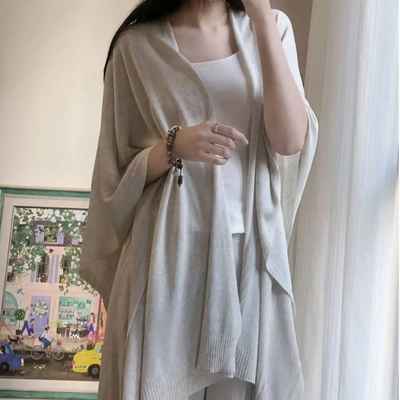 

Autumn 2025 New Style Women's Loose Knitted Linen Shoulder Shawl Cardigan Open-Shirt Outerwear Cape Warmth Pure Color
