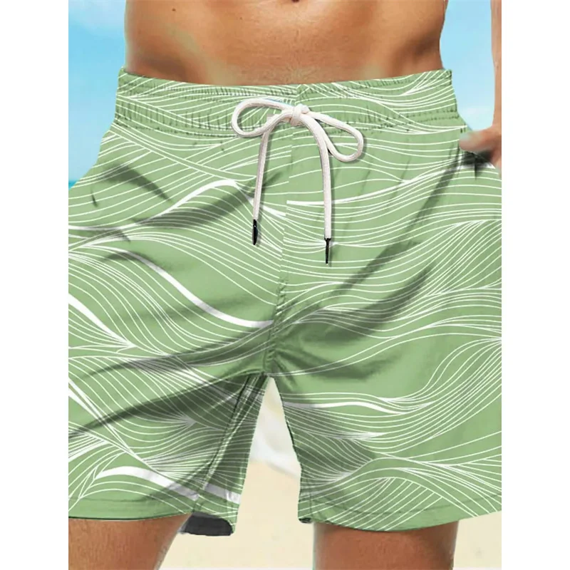 Curved Stripe Graphic Swim Trunks For Men Fashion 3D Print Short Pants Summer Holiday Hawaiian Drawstring Quick Dry Board Shorts