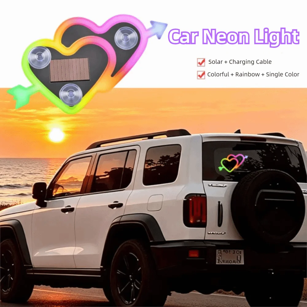 Solar Powered LED Car Neon Lights Wiring Free Multi-Color RGB Car Heart-Shaped Light Light/Vibration Sensor Dynamic Gradient