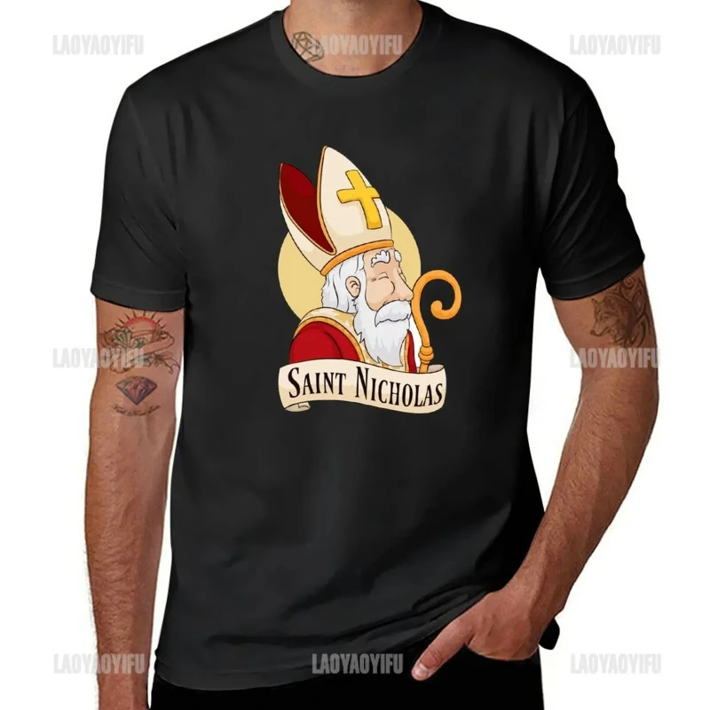 Saint Nicholas Christmas Women Tshirt Cotton Christianity Santa Claus Men Shirt Vintage Religion Christmas Cane Print Clothes