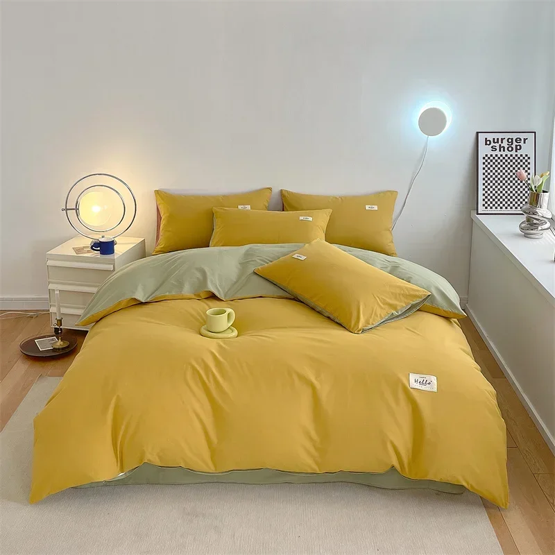 150/180/200CM Yellow Green Water Wash Cotton Bed Sheet Duvet Cover Pillowcase Four-piece Spring Autumn Bedding Set M064-2