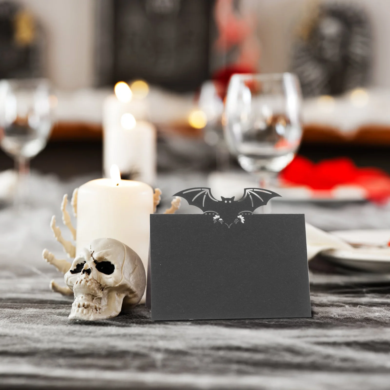 Decoração de mesa para festa de Halloween, cartão de assento, assentos de morcego preto para casamento