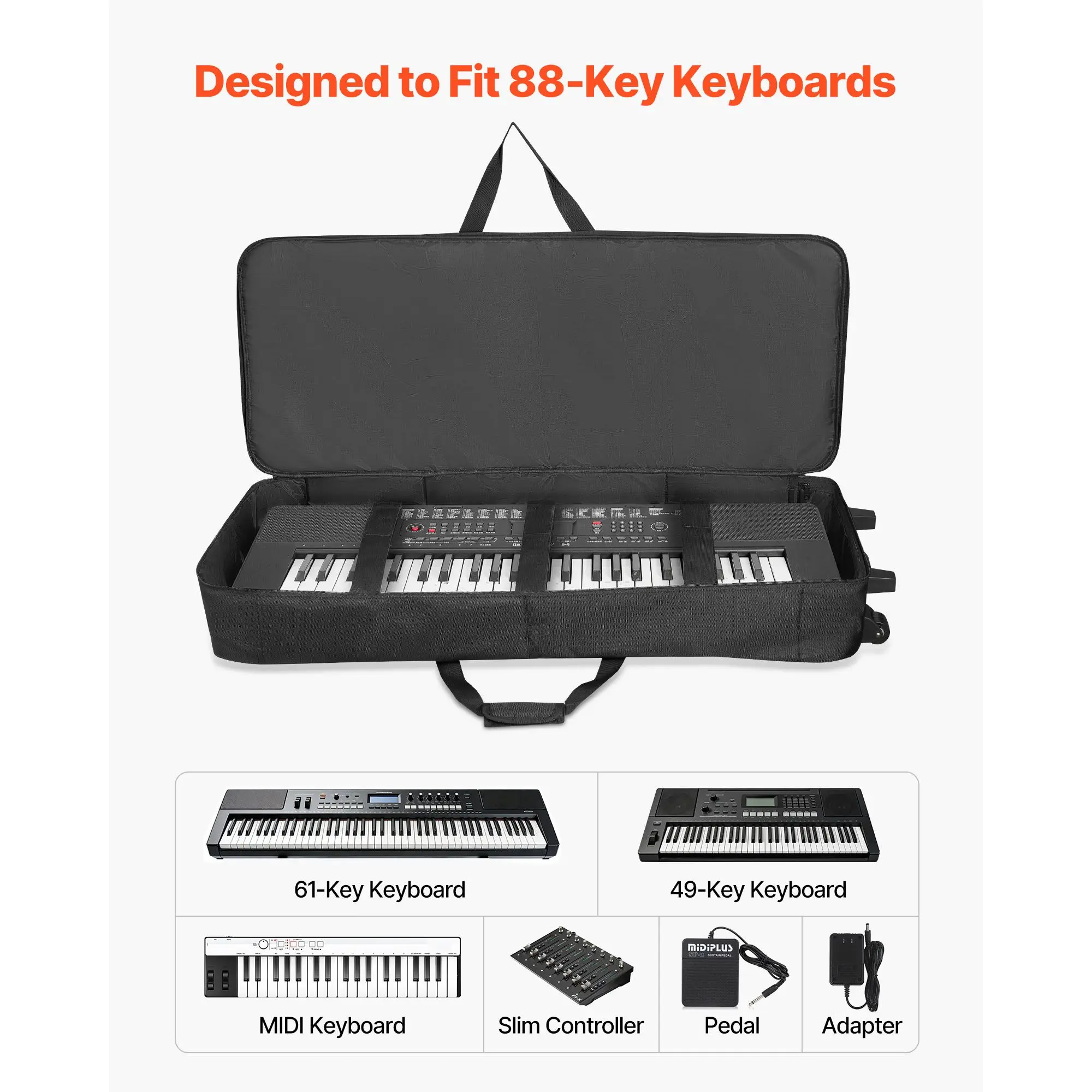 88 Key Keyboard Case, 40.9 x 16.9 x 5.1 in Interior, Padded Rolling Piano with Wheels, Sturdy Handle, 3-Pocket Storage, Gig Bag