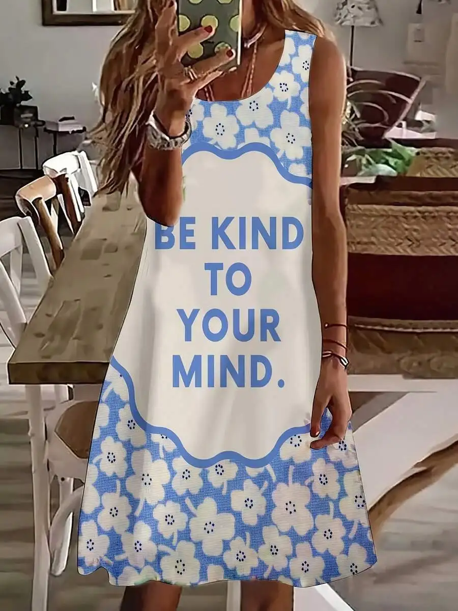 

Women Sleeveless Floral Print Dress Be Kind To Your Mind Summer Casual