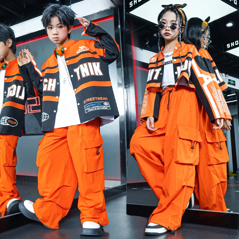 Kinder Hip Hop Kpop Kleidung Rennhemd Ernte Top Orange lässig Street Jogger Cargo hose für Mädchen Junge Jazz Tanz Kostüm Kleidung