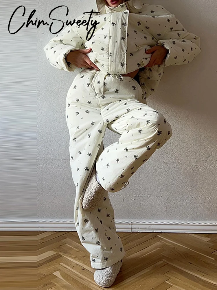 2025 الشتاء طباعة معطف السراويل النساء الزي أنيقة هودي كم طويل جيب سحابات سترة واسعة الساق بنطلون سيدة عادية مجموعة جديد #2