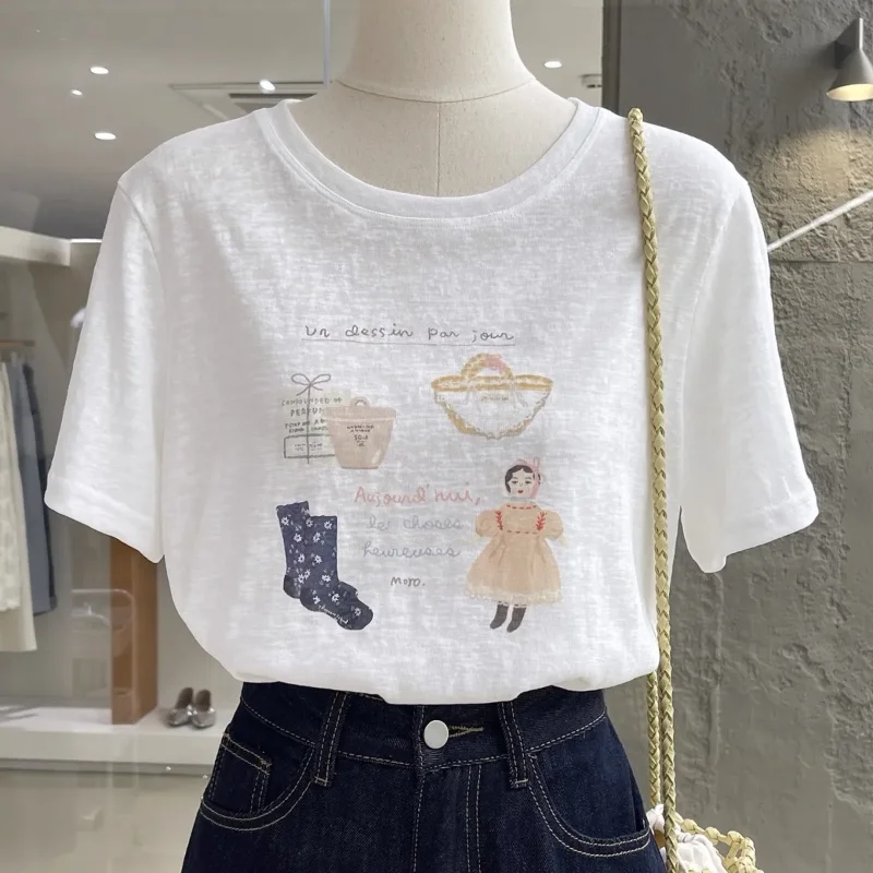 Korean Cute Cartoon Little Girl Printed Short-sleeved T-shirt Spring Summer New Skin-friendly Breathable Snowflake Cotton Top
