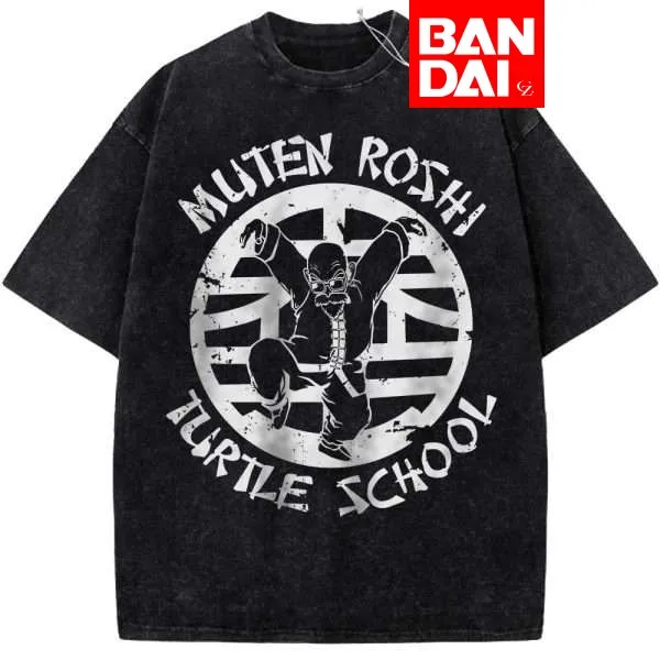 

Футболка оверсайз черная с эффектом кислотной стирки Dragon Ball Z Master Roshi Turtle School, летняя, 2026, аниме, стритвир, с графическим принтом