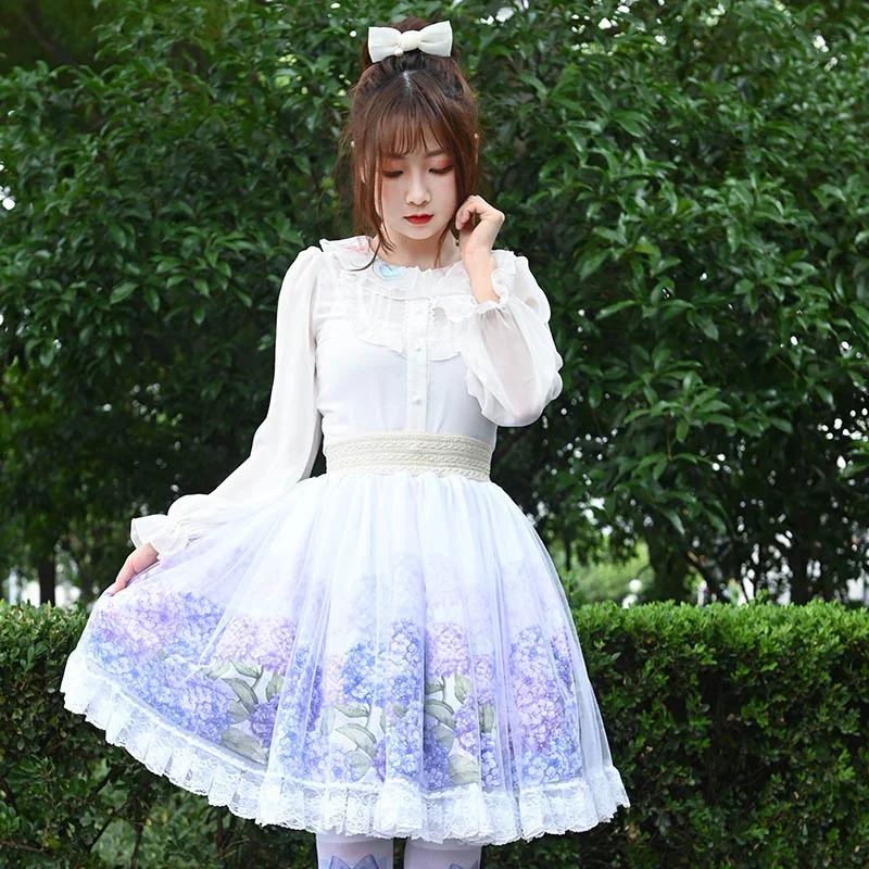 Ainclu Original Japanese Sweet Princess Purple Hydrangea Flower Print Grenadine Lace Pleated Lolita Skirt