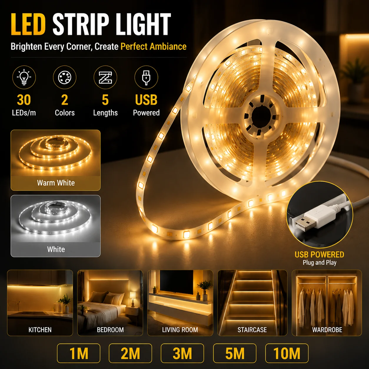 Indoor LED strip with button for turn on and plug and play, suitable for living room background lighting