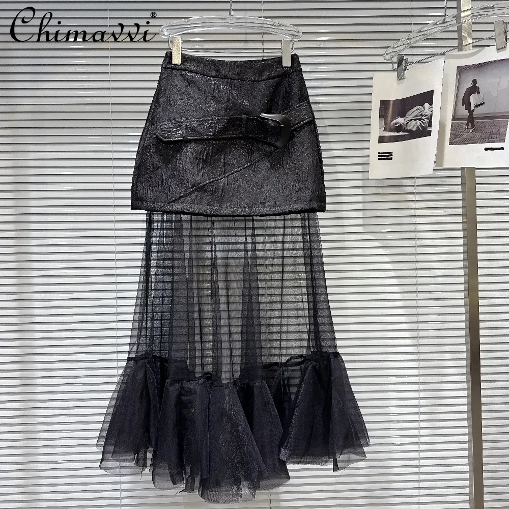 

Fashion Casual Sweet Cool Hot Girl Skirt High Waist Belt Slim Fit Splicing Mesh Elegant Versatile Black Long Skirts Women Summer