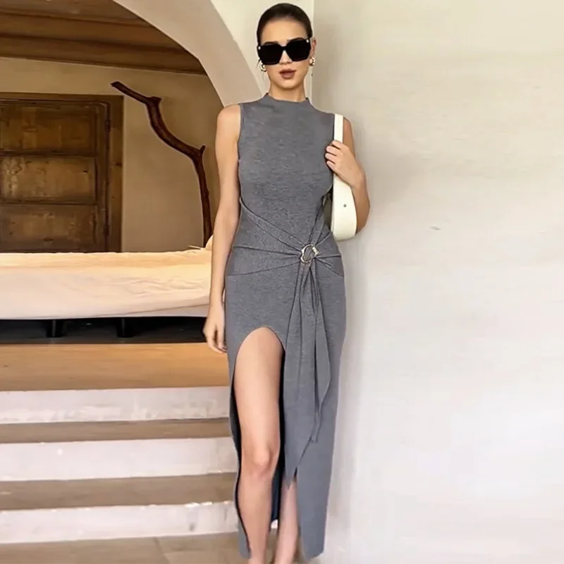 

Tuularose Summer Sleeveless Long Dress Women Sexy Slit Turtle Neck Slim Dress Fashion Bandage Streetwear Party Y2k Dress Outfits