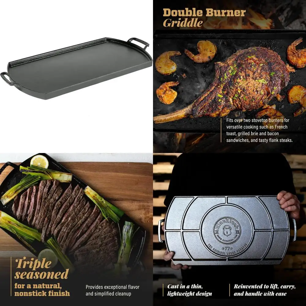

Double Burner Cast Iron Griddle by Lodge Blacklock - 10 x 20 inches, Triple Seasoned, Suitable for Indoor and Outdoor Use