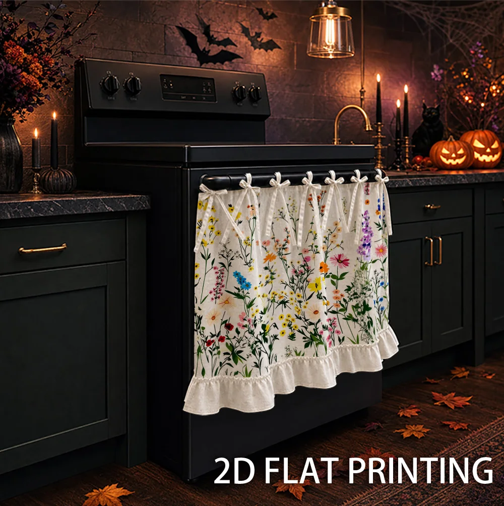 1PC kitchen stove curtain, cabinet curtain and apron. Designed with 2D graphics, featuring colorful botanical prints and a varie