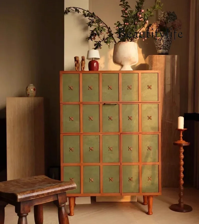 Mid-Ancient Solid Wood Dining Side Chest of Drawers Retro Style Gilding Locker Dining Side Storage Entrance Cabinet