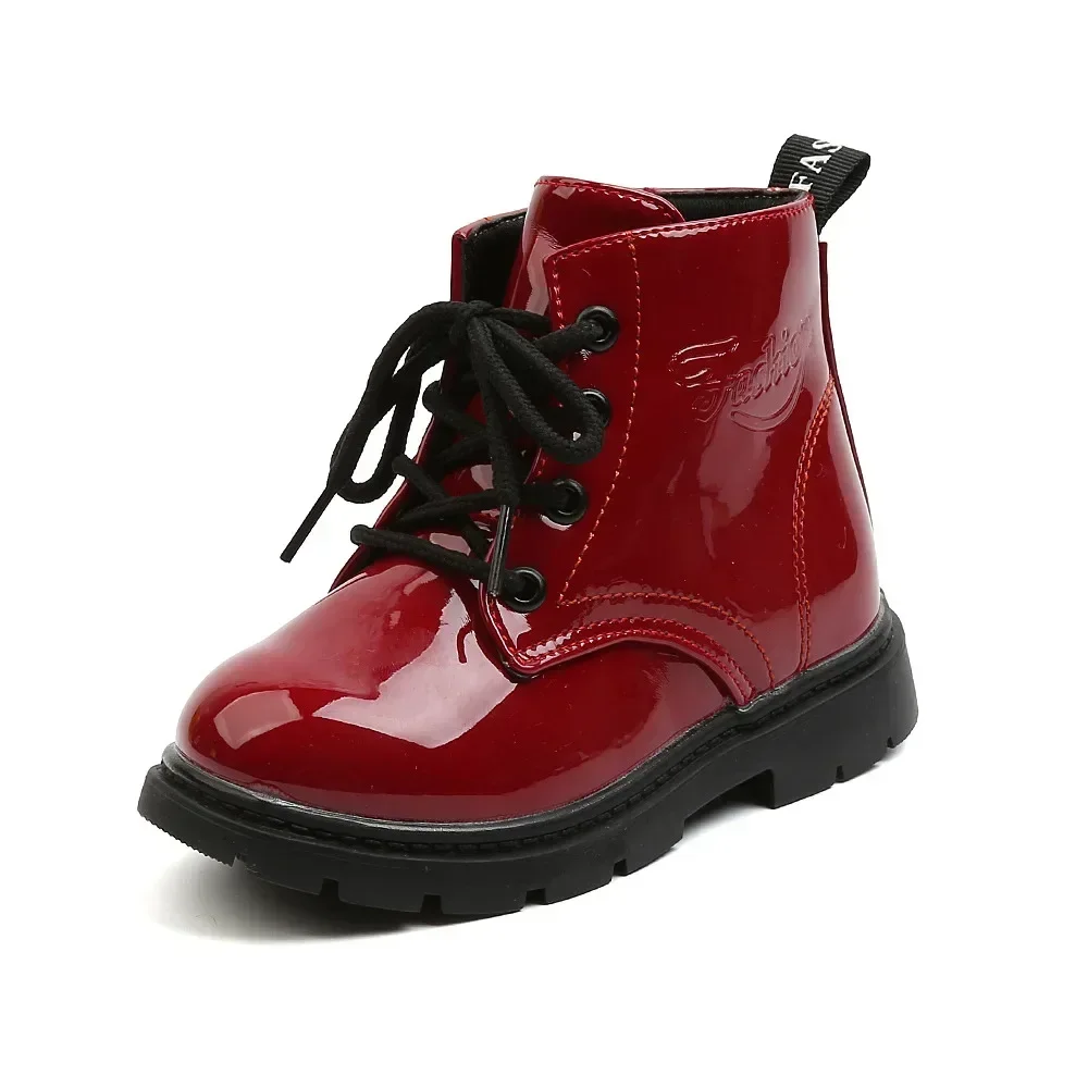 Botas curtas de couro com laca infantil, tênis feminino, sapatos de meninos, sapatos infantis, moda, primavera, outono, 2023