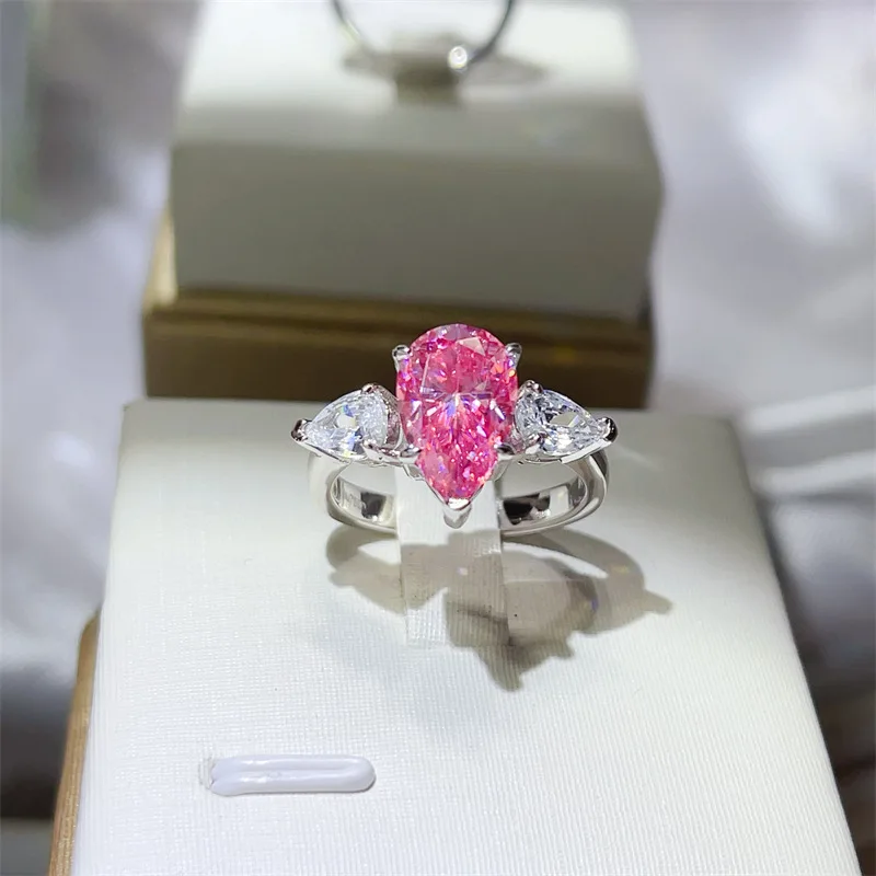 Light Luxury & Elegant Pink Pear 3-Stone Ring For Women 3ct Moissanite PT950 Platinum | Simple and grand, noble and generous