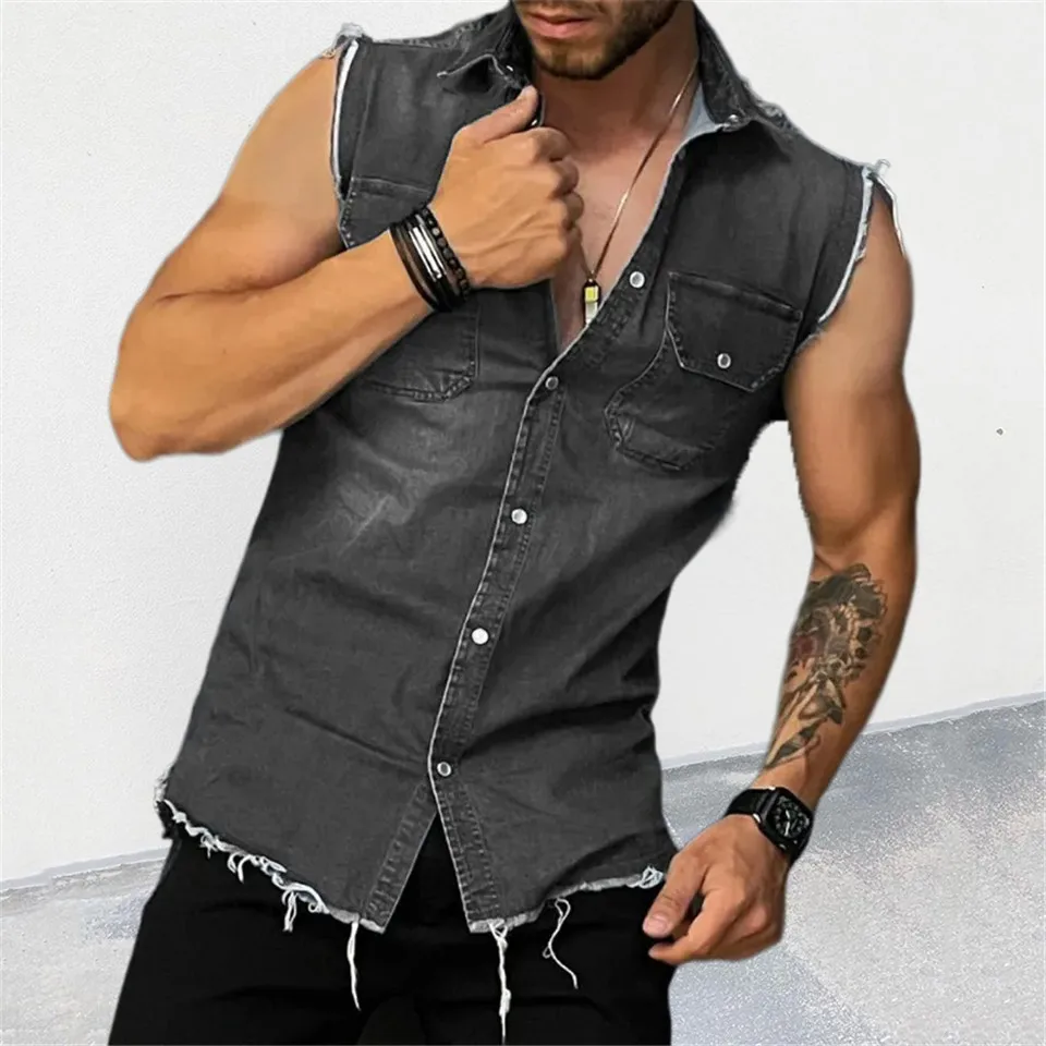 Fashion Men Summer Solid Color Denim Shirts Single-Breasted Design Pocket Decor Turn-down Collar Sleeveless Slim Cardigan Top