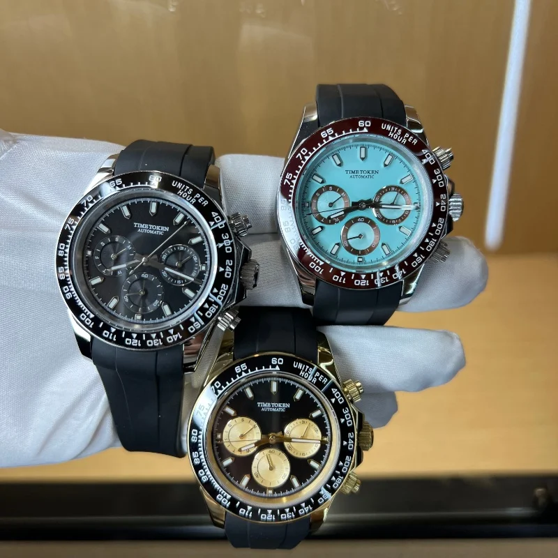 TIME TOKEN 40mm Men's Mechanical Watch V2 Sapphire Retro Chronograph Stainless Steel 100M Waterproof