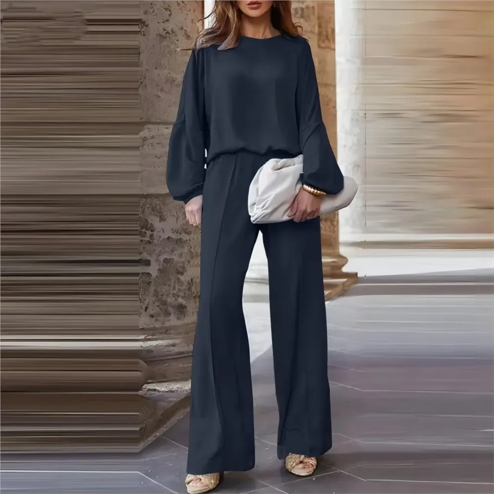 Spring Autumn Fashion Solid Color Women\'s Office Suit Lantern Sleeve Wide Leg Trousers Casual Simple Elegant 2piece Set Female