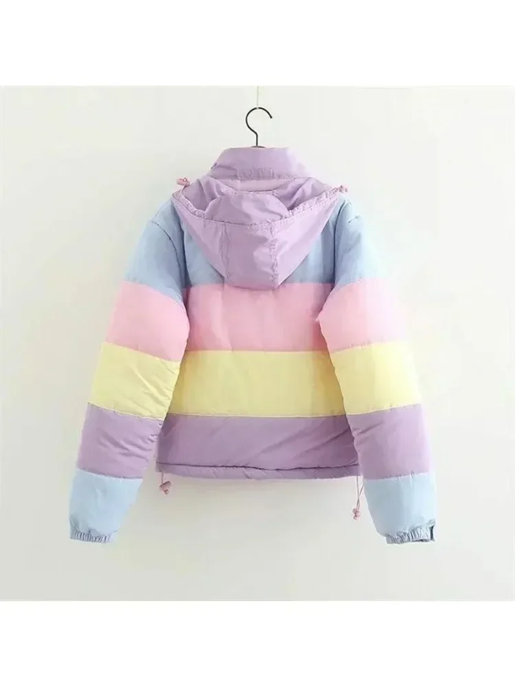 Women Winter Padded Puffer Rainbow Warm Jacket Rainbow Stripes Hooded Coat Drawstring Loose Full Zip Outerwear with Pockets