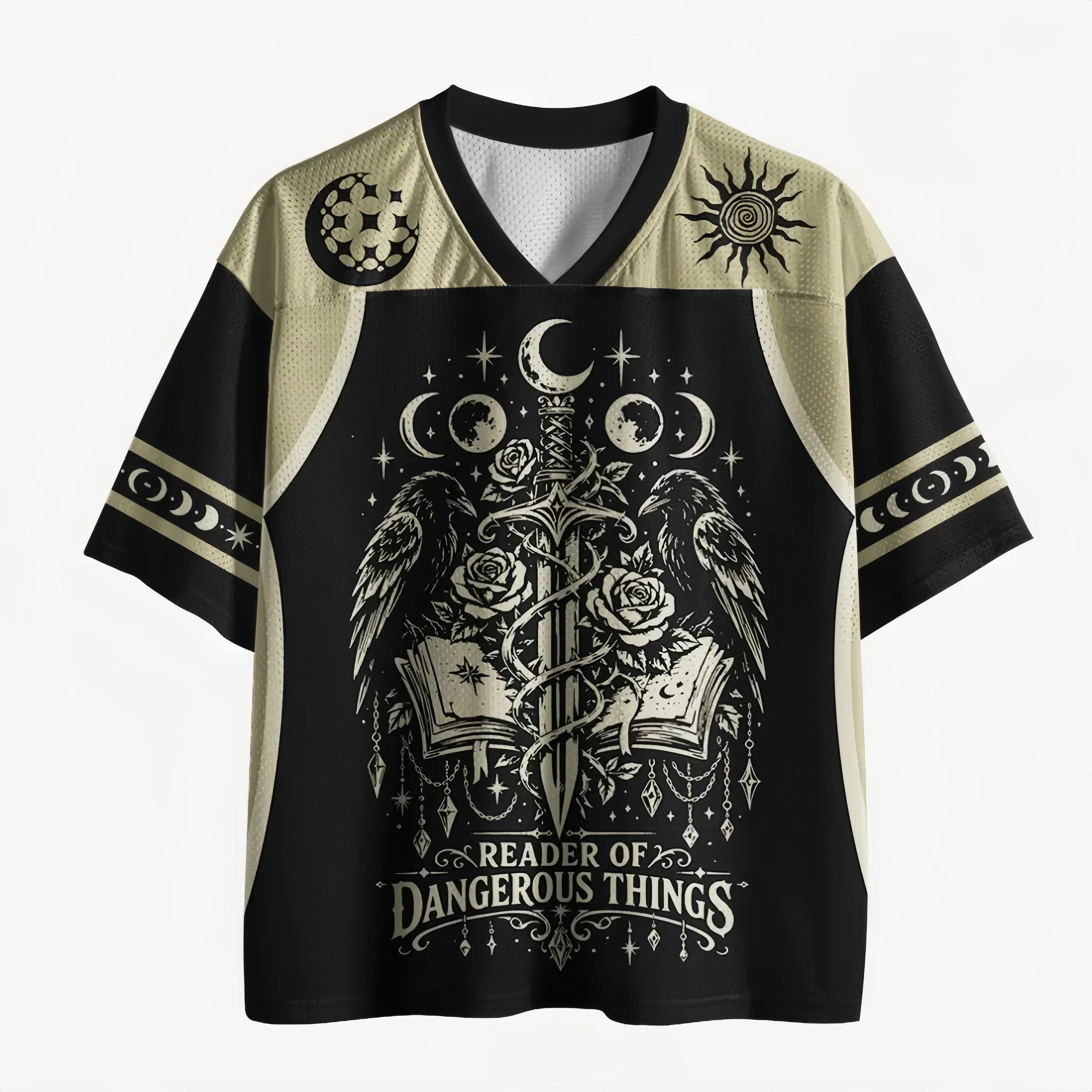 2026 New Men's Retro Gothic Moon Phase Sun Crow Printed Mesh Jersey Autumn V-neck Street Hip Hop Short Sleeve T-shirt