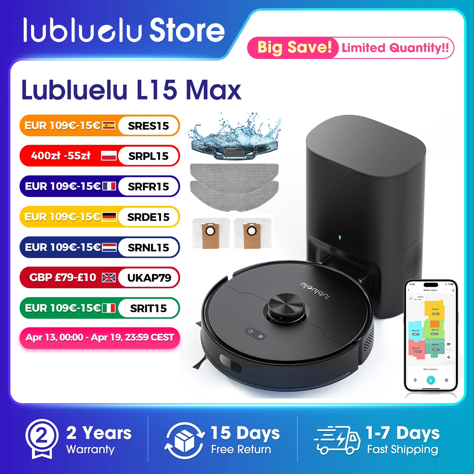 Lubluelu L15 Max  Robot Vacuum Mop Combo 5500Pa Robot Vacuum Auto-Charging  5 Maps 24 No-go Zones 3 In 1 Robot Vacuum Cleaner