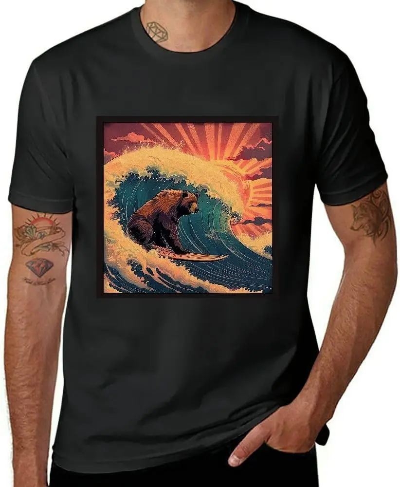 Plus Size Black T-Shirt for Men, Sunset Surf Bear Print, Summer Tops Black