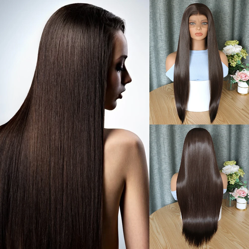 

Темно-коричневый цвет 13x 4 кружевные передние парики синтетические волосы готовые к износу бесклеевые HD прозрачные кружевные термостойкие волосы парик