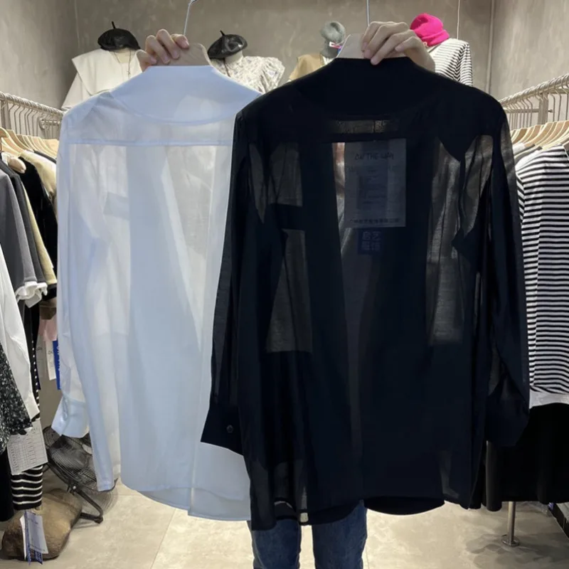 New Elegant Fashon Thin Blazer Coat Women Summer Lapel Long Sleeve See Through One Buttons Jacket Loose Sunscreen Tops
