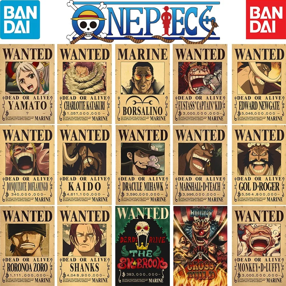 One Piece Bounty Wanted Posters Luffy 5th Gear Nika Form Roronoa Zoro Katakuri Retro Anime Kraft Paper Room Decorative Paintings