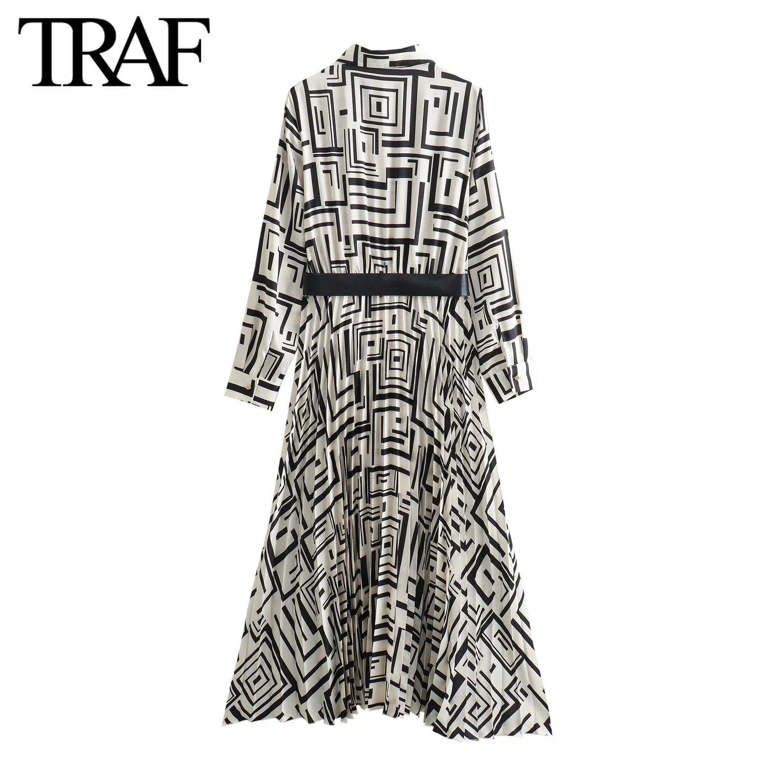 TRAF Women Fashion Spring New Long Sleeve Single-breasted Lapel Belt Printed Satin Dress France Chic Female Evening Mujer