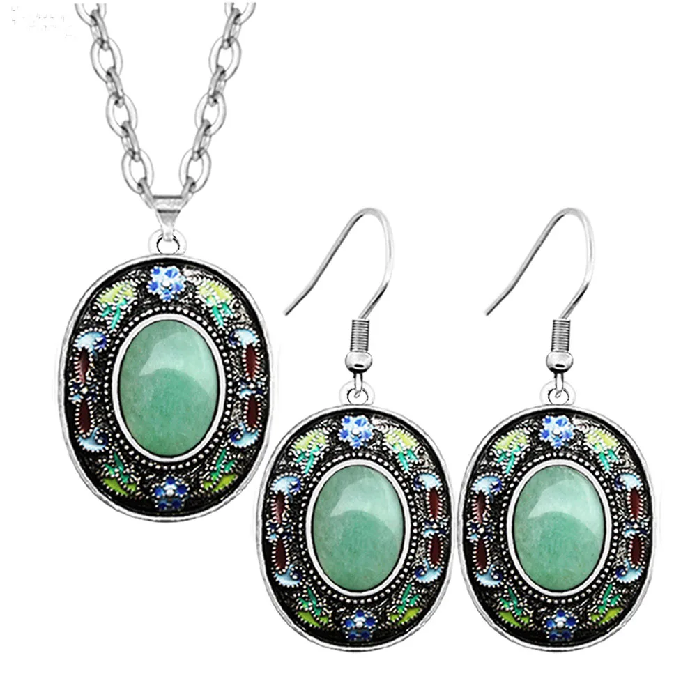 Vintage Natural Jades Sets For Women Real Silver Plated Painting Pendant Necklace Earring Lapis Tiger Eye Stone Fashion Jewelry