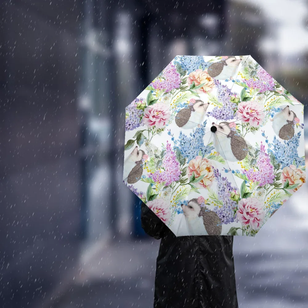 Hedgehog Flower Automatic Umbrella Men Women Rain Windproof Outdoor Travel Sun Three Folding Umbrellas 8 Ribs Gift Parasol