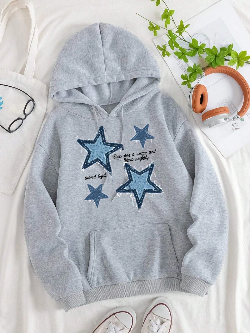 Retro Blau Jean Star Print Hoody Frauen Lose Tasche Hoodies Mehrfarbige Herbst Pullover Alle-Spiel Fleece Weibliche Streetwear