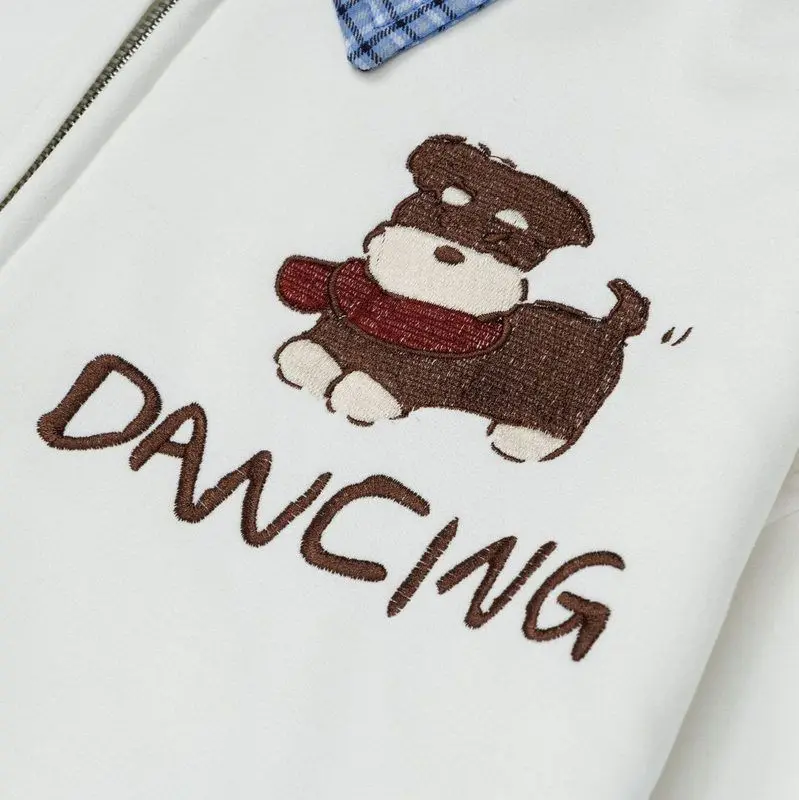 Niedliche Cartoon-Hundepfotenabdruck-Stickerei Jaet Damen Herbst Trendy Plaid Patchwork Kragen Reißverschluss Offene Strickjacke Oberbekleidung