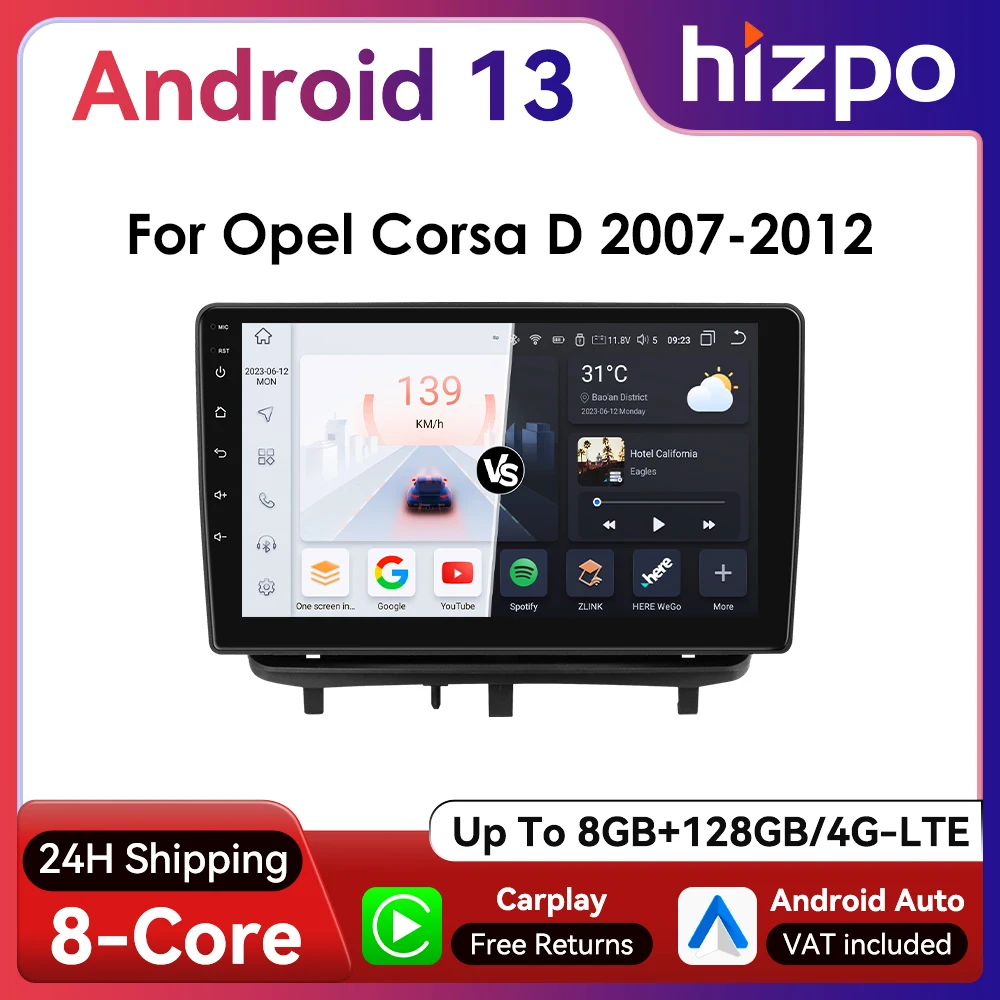 Hizpo 2Din 9inch Android 13 Car Radio Multimedia for Opel Corsa D 2007 - 2012 Hatchback GPS Navi 4G BT WiFi CarPlay RDS DSP SWC